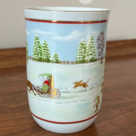 Otagiri Snowy Christmas Scene Porcelain Mug | Tree Horse-Drawn Buggy Dogs Japan - Picture 4 of 11
